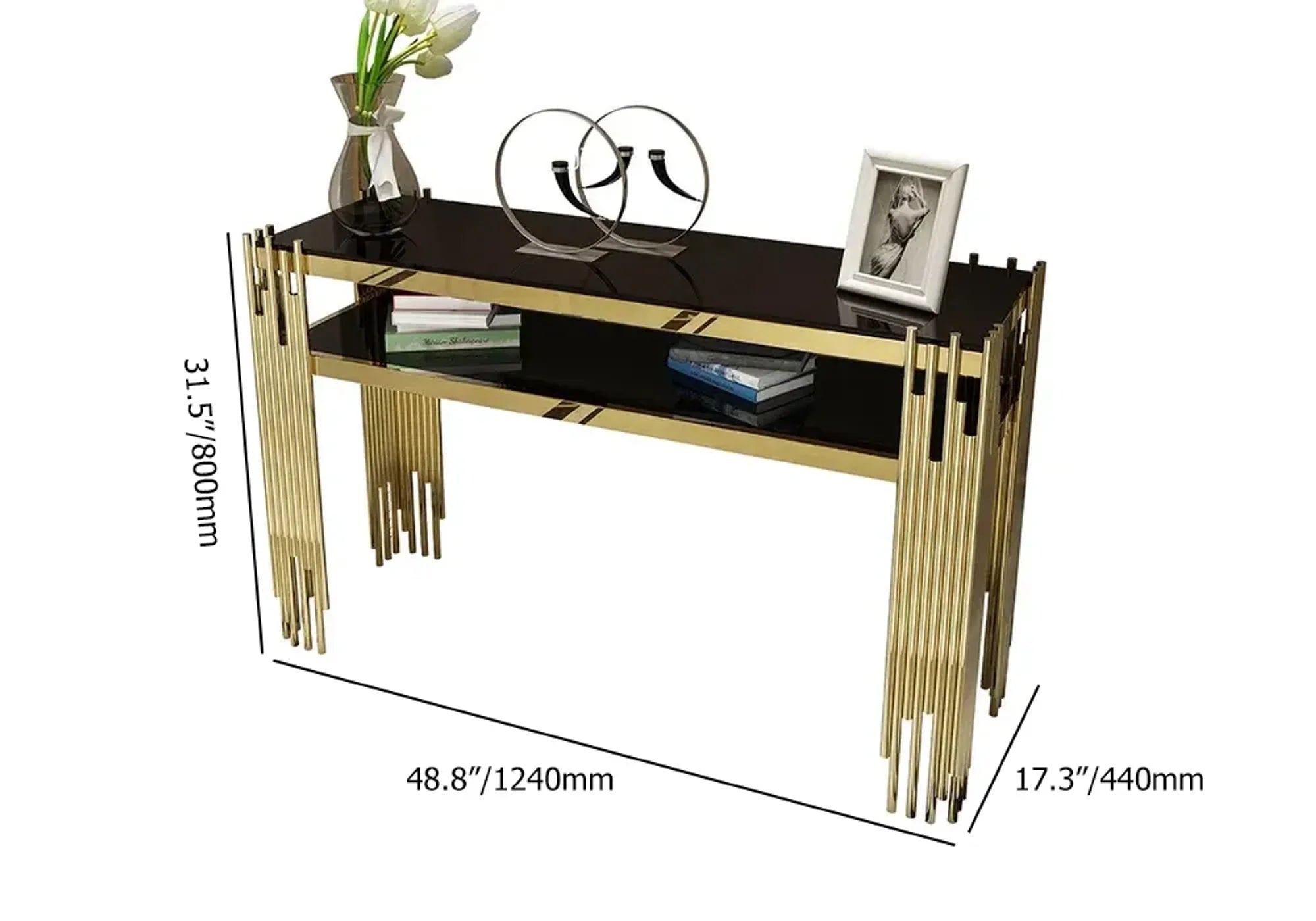 Bicasa Luxury And Modern Golden Console Table With Black Glass Top