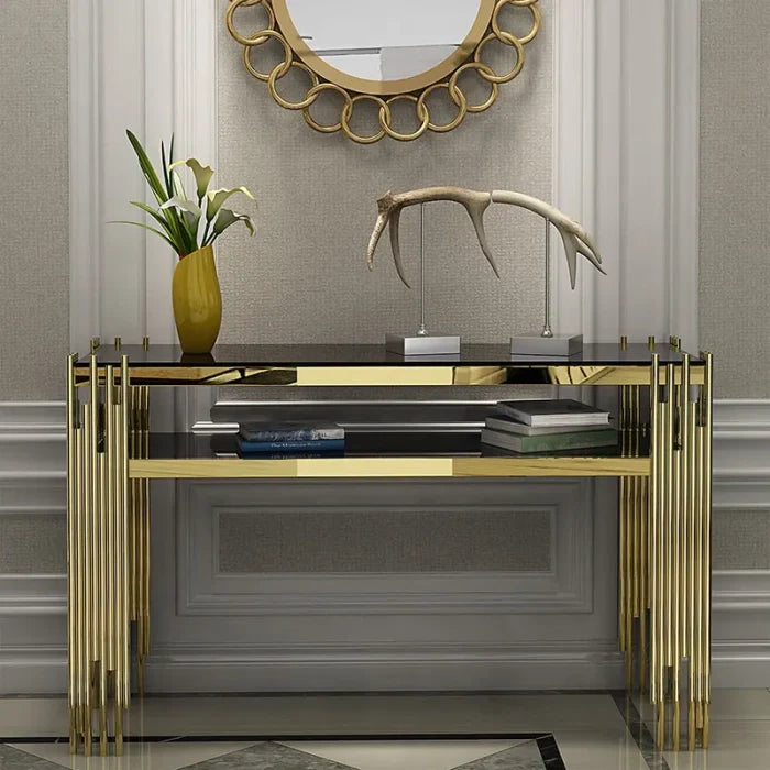 Bicasa Luxury And Modern Golden Console Table With Black Glass Top
