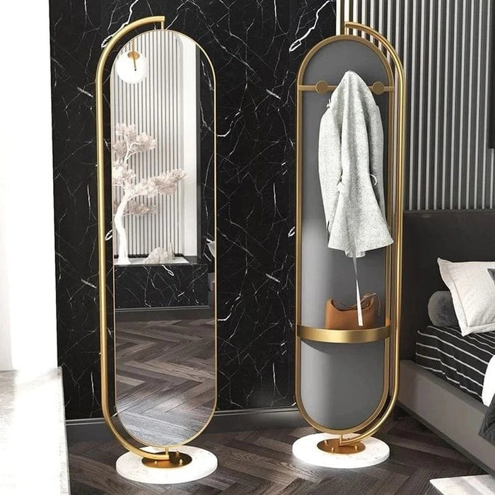 Oval Decorative Metal Rotatable Full Length Standing Floor Mirror With Marble Base