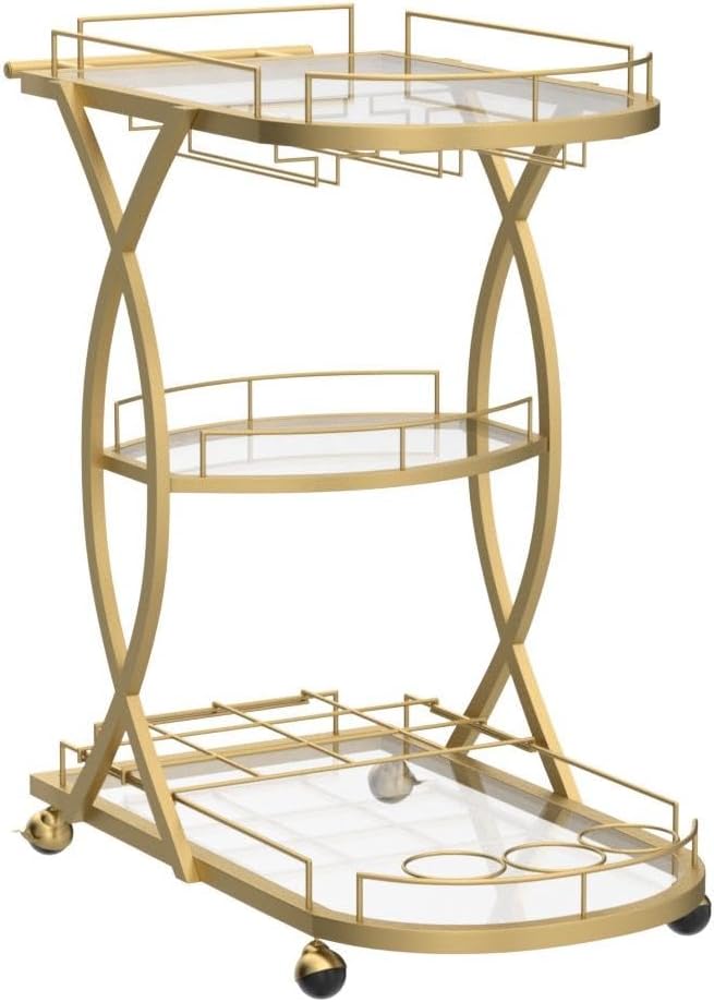 Gold Bar Cart with Wine Rack and Glass Holder, 3-Tier Home Bar