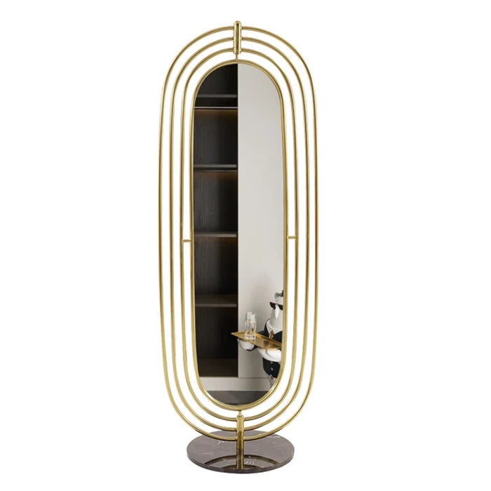 Klein Oval Decorative Full Length Standing Floor Mirror Decor in Gold with Marble Base