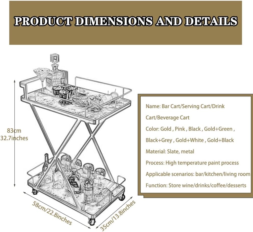 Bar Cart with Wheels for Party Luxurious Elegant X Shape Wrought Iron