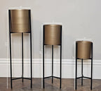 Modern Brushed Gold Indoor Planters with Removable Black Stands, Set of 3
