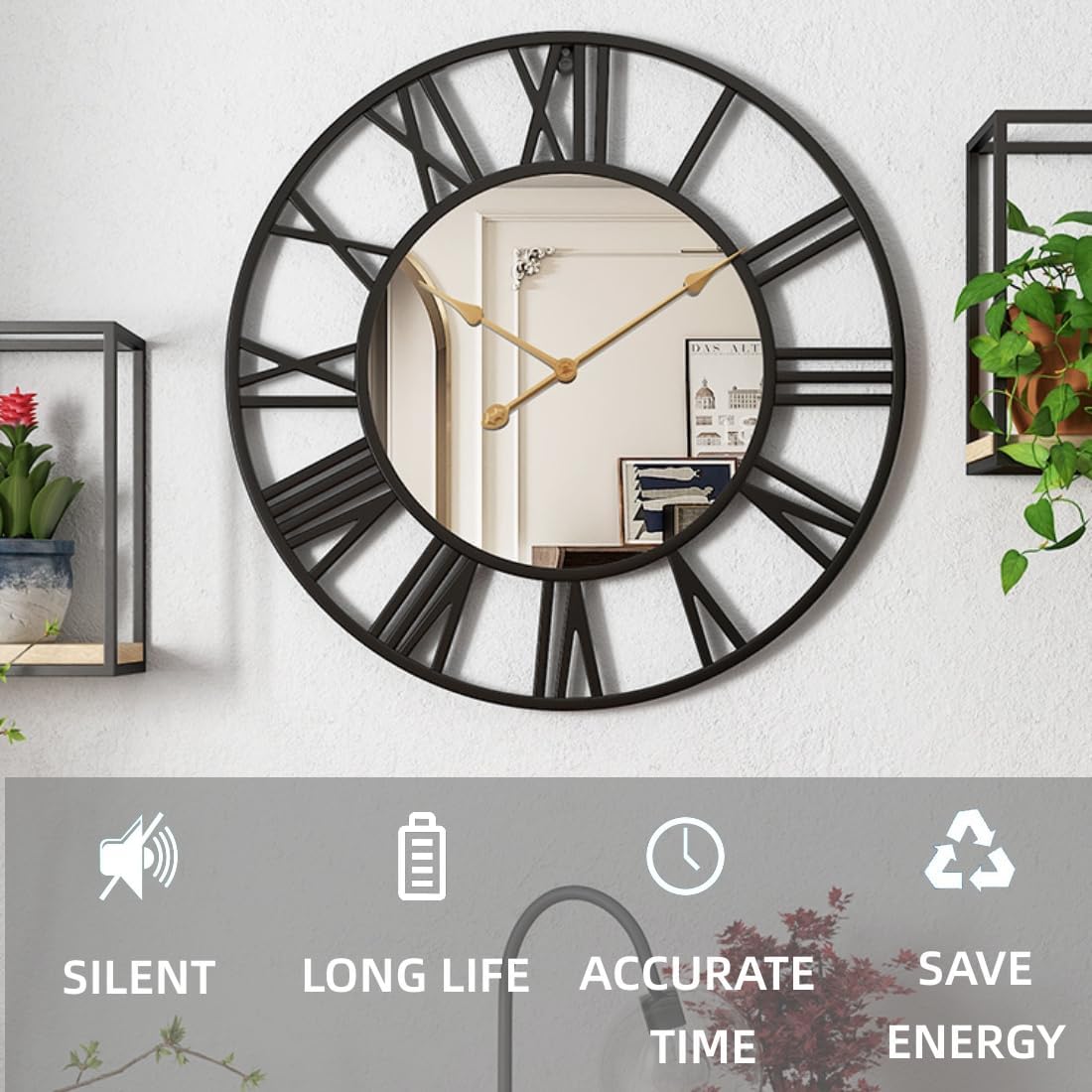 Large Wall Clocks Living Room Decor, Vintage Roman Numeral Mirror Clock, 24 inch