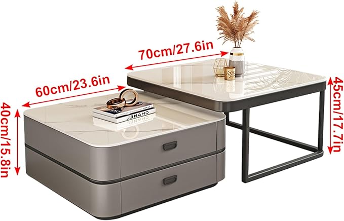 Small Modern Marble Coffee Table Set of 2 for Living Room - Luxury Rectangular Center Table - Indoor Accent Furniture (White)