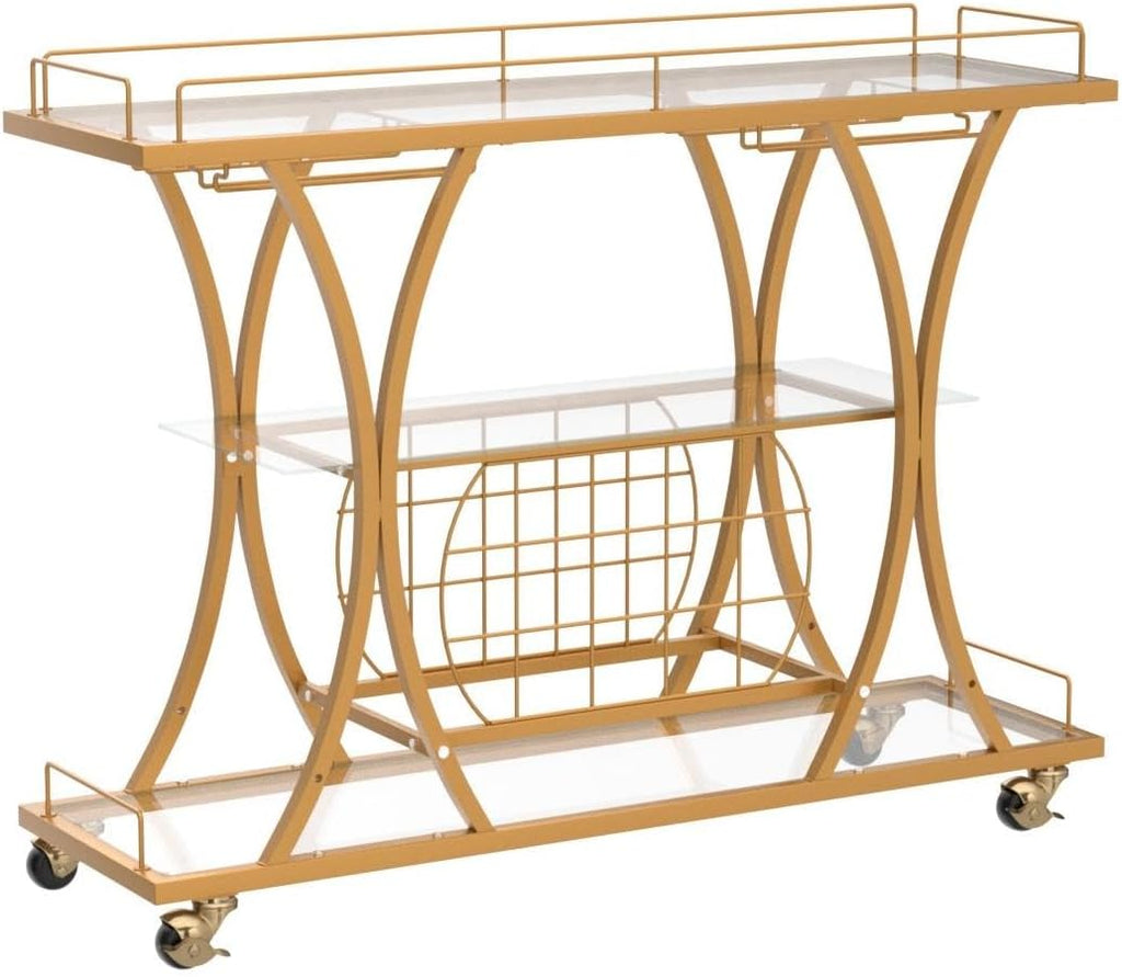 Bar Serving Cart with Glass Holder and Wine Rack, 3-Tier Kitchen Trolley