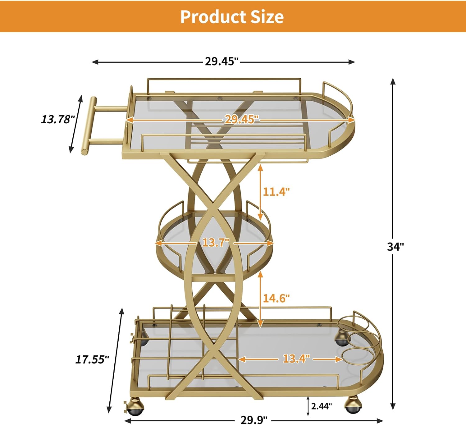 Gold Bar Cart with Wine Rack and Glass Holder, 3-Tier Home Bar