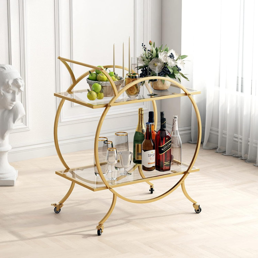 Gold Bar Carts for Home Bar Serving Trolley, Rolling Bar Cart Gold