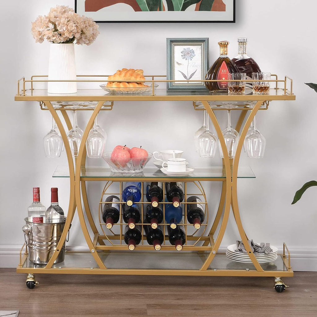 Bar Serving Cart with Glass Holder and Wine Rack, 3-Tier Kitchen Trolley