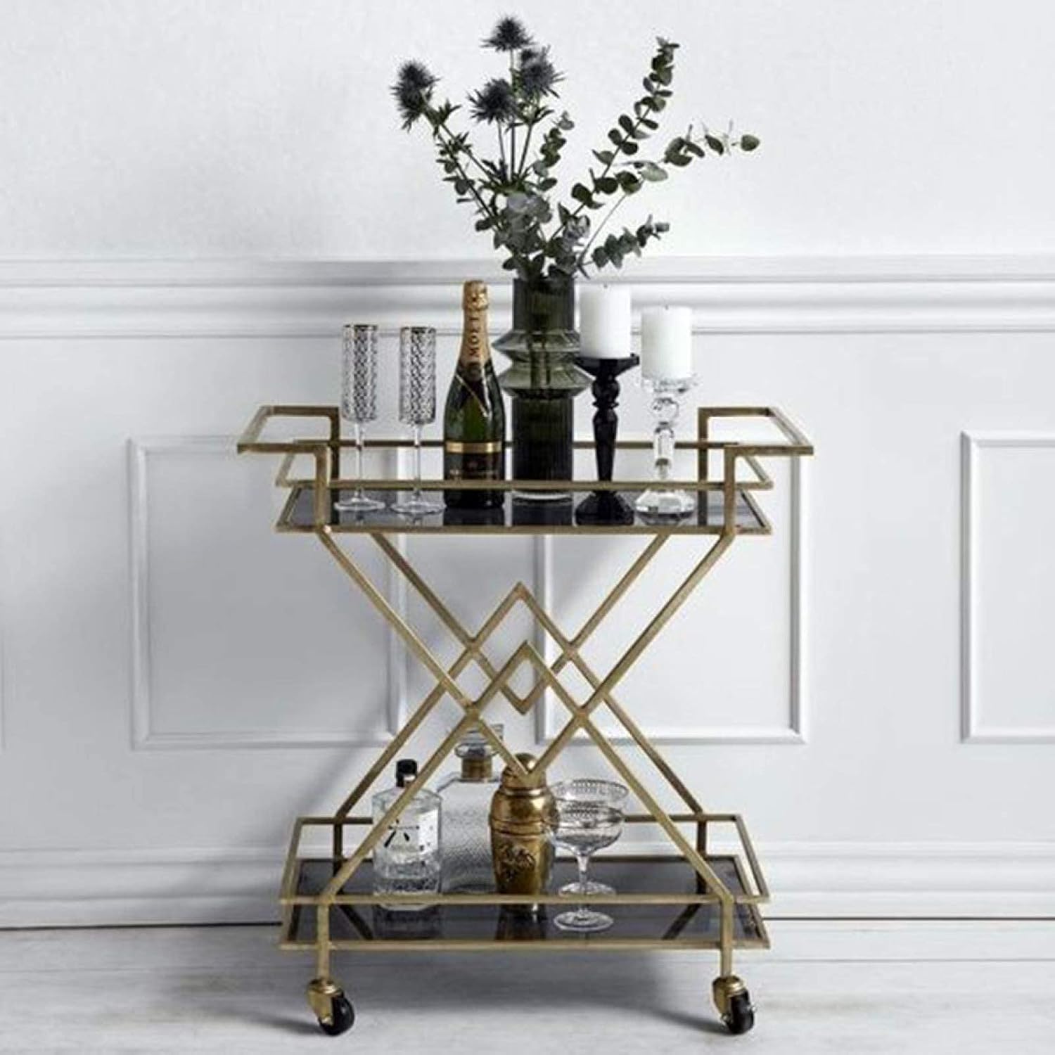 Bar Cart with 2 Mirrored Shelves, Suitable for Kitchen, Living Room