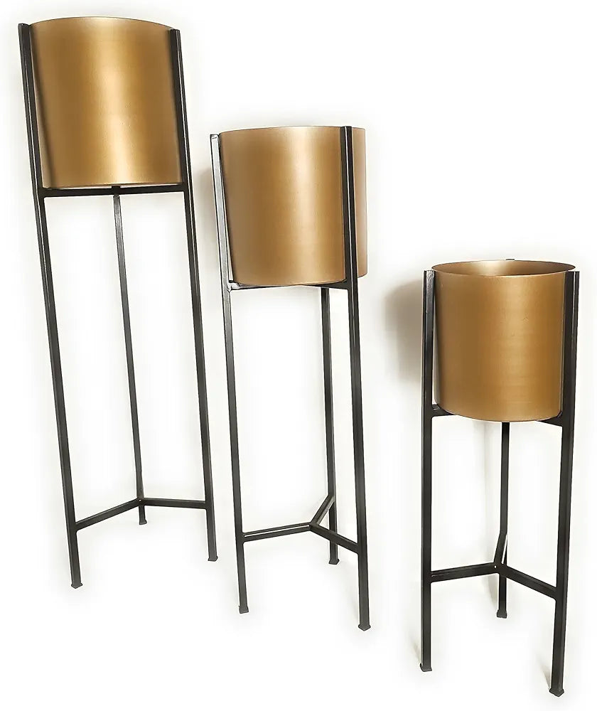 Modern Brushed Gold Indoor Planters with Removable Black Stands, Set of 3