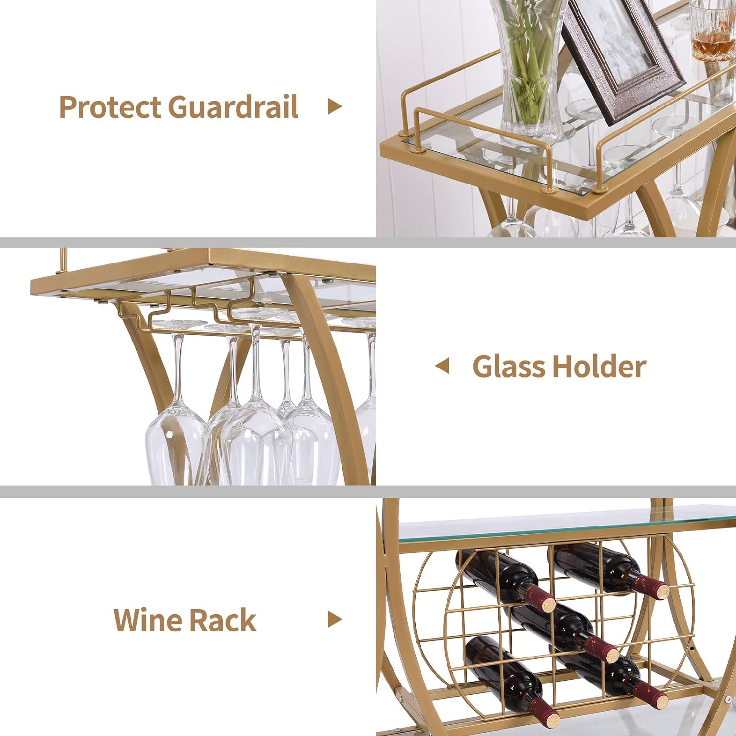 Bar Serving Cart with Glass Holder and Wine Rack, 3-Tier Kitchen Trolley