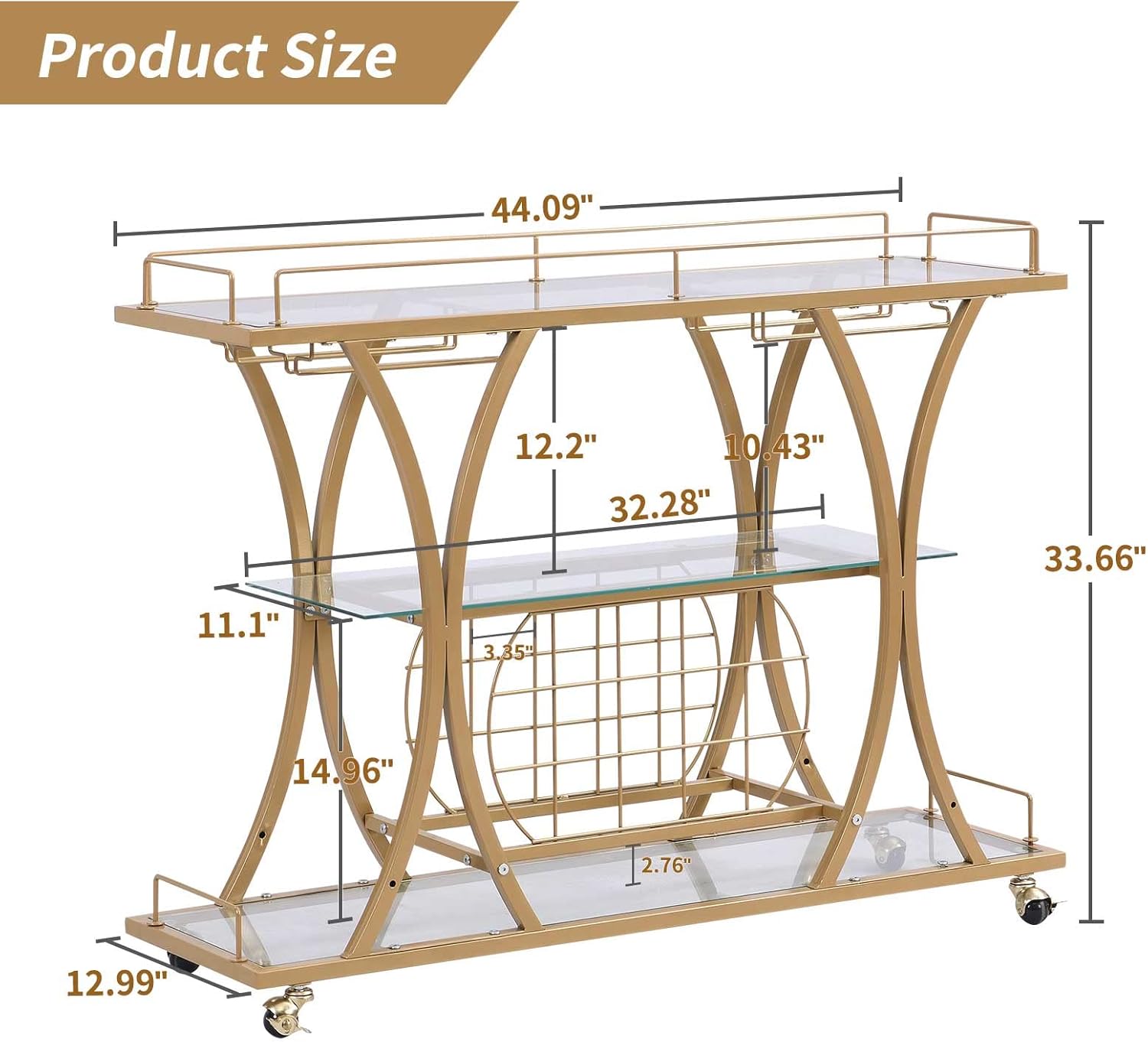 Bar Serving Cart with Glass Holder and Wine Rack, 3-Tier Kitchen Trolley