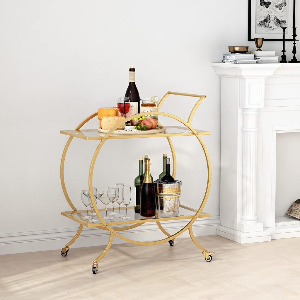 Gold Bar Carts for Home Bar Serving Trolley, Rolling Bar Cart Gold