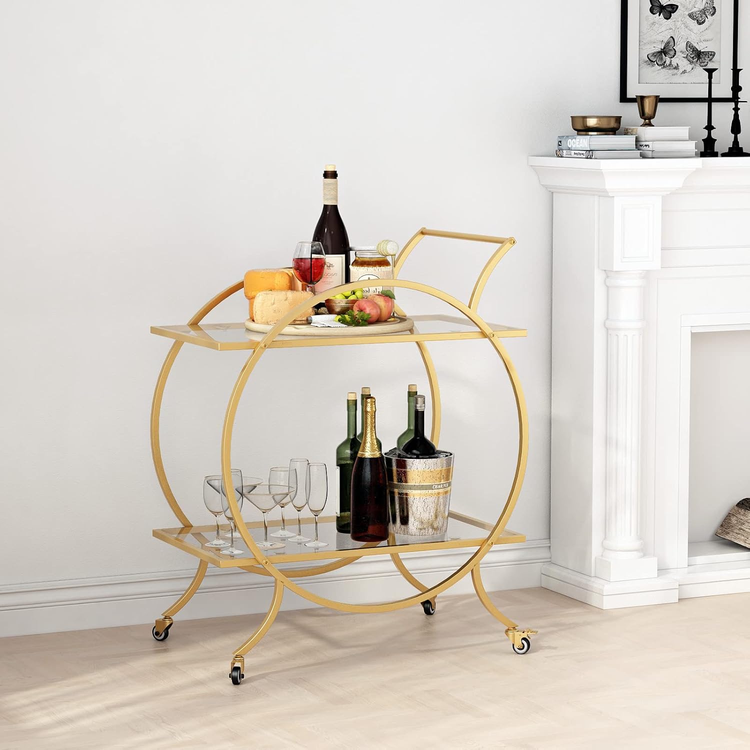 Gold Bar Carts for Home Bar Serving Trolley, Rolling Bar Cart Gold