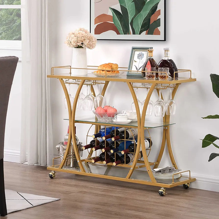 Bar Serving Cart with Glass Holder and Wine Rack, 3-Tier Kitchen Trolley