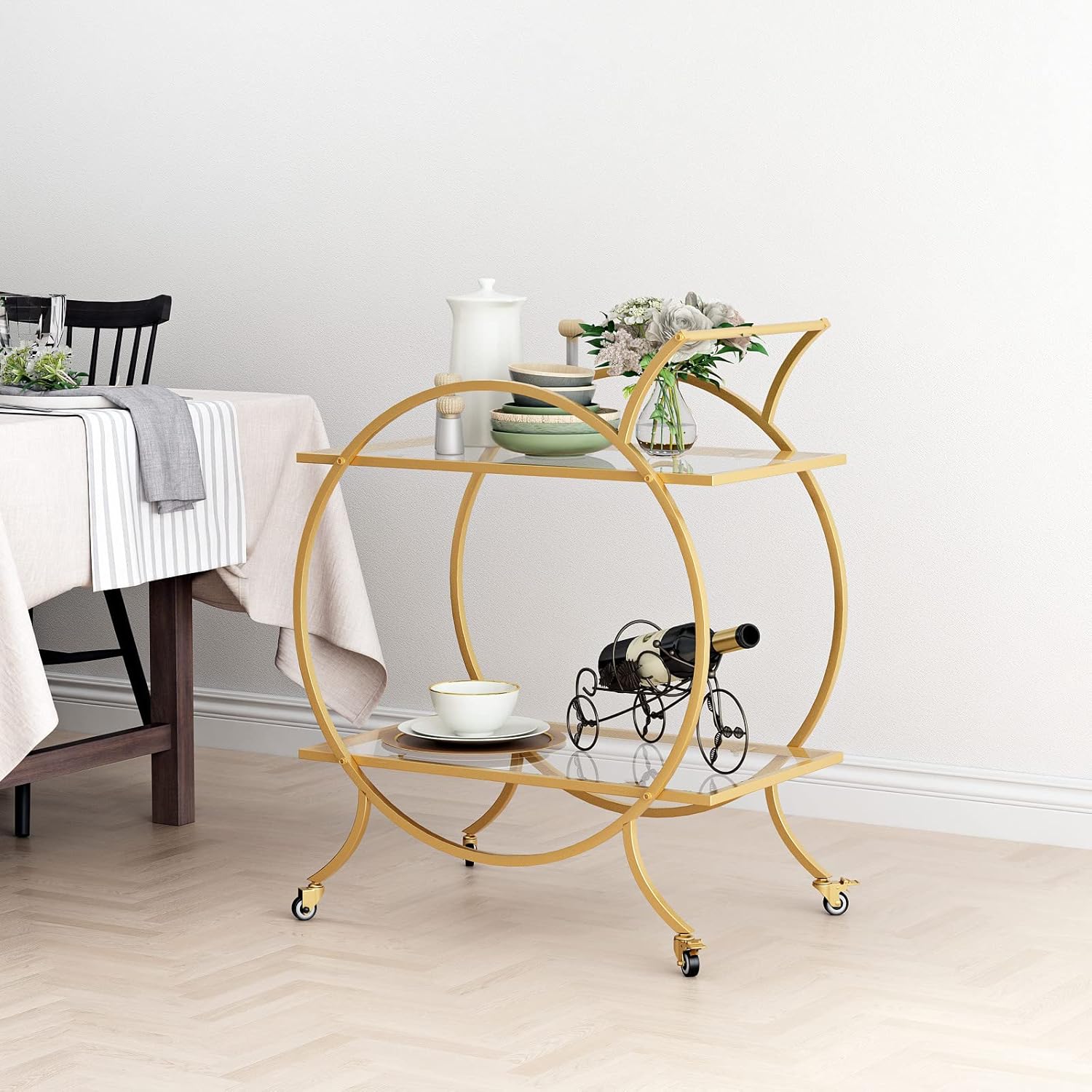 Gold Bar Carts for Home Bar Serving Trolley, Rolling Bar Cart Gold