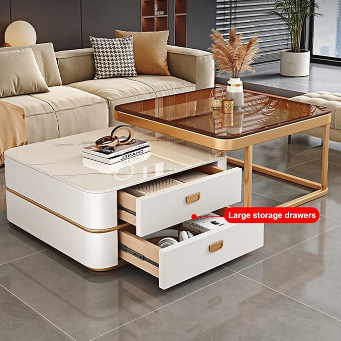 Small Modern Marble Coffee Table Set of 2 for Living Room - Luxury Rectangular Center Table - Indoor Accent Furniture (White)