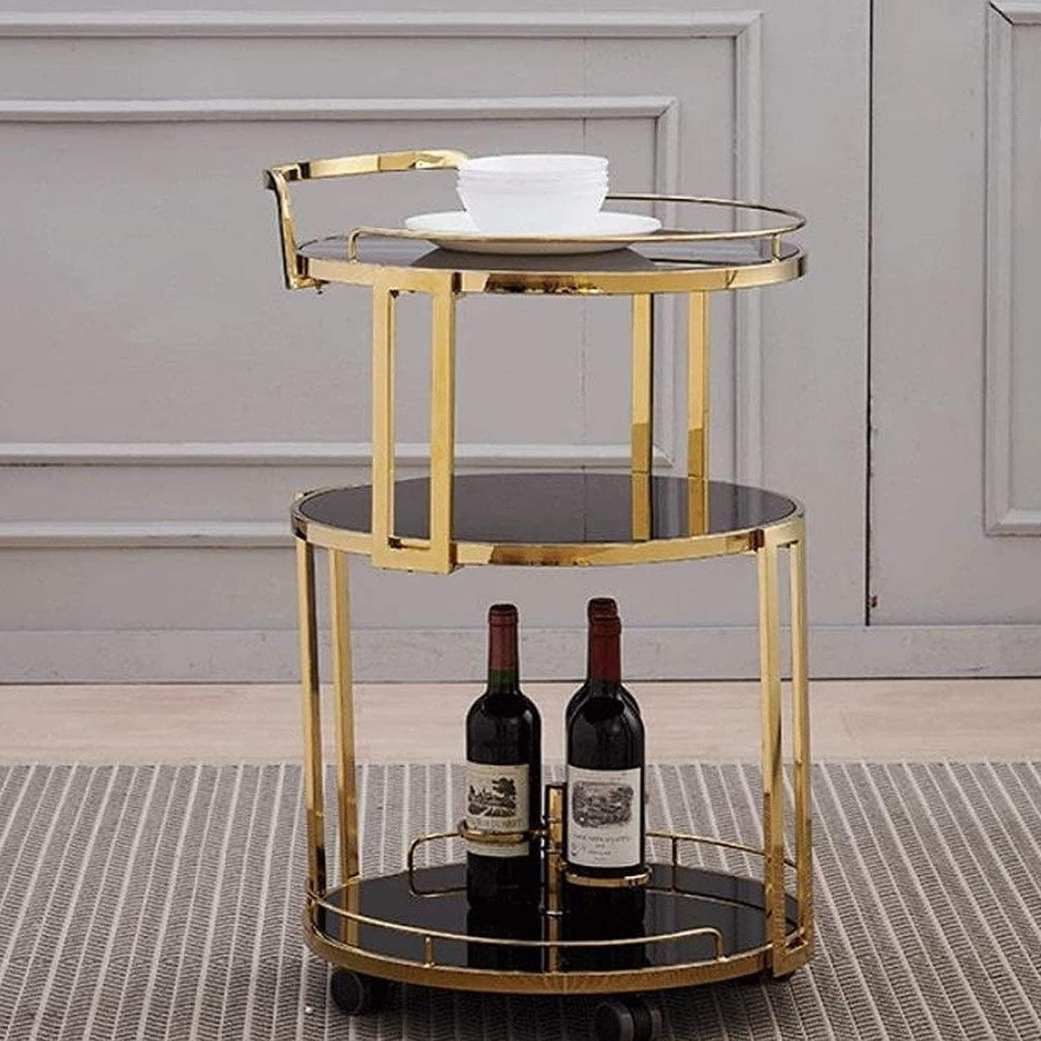 Round Rolling Bar Cart,Beverage Rolling Cart for Home 3-Tier Serving Bar