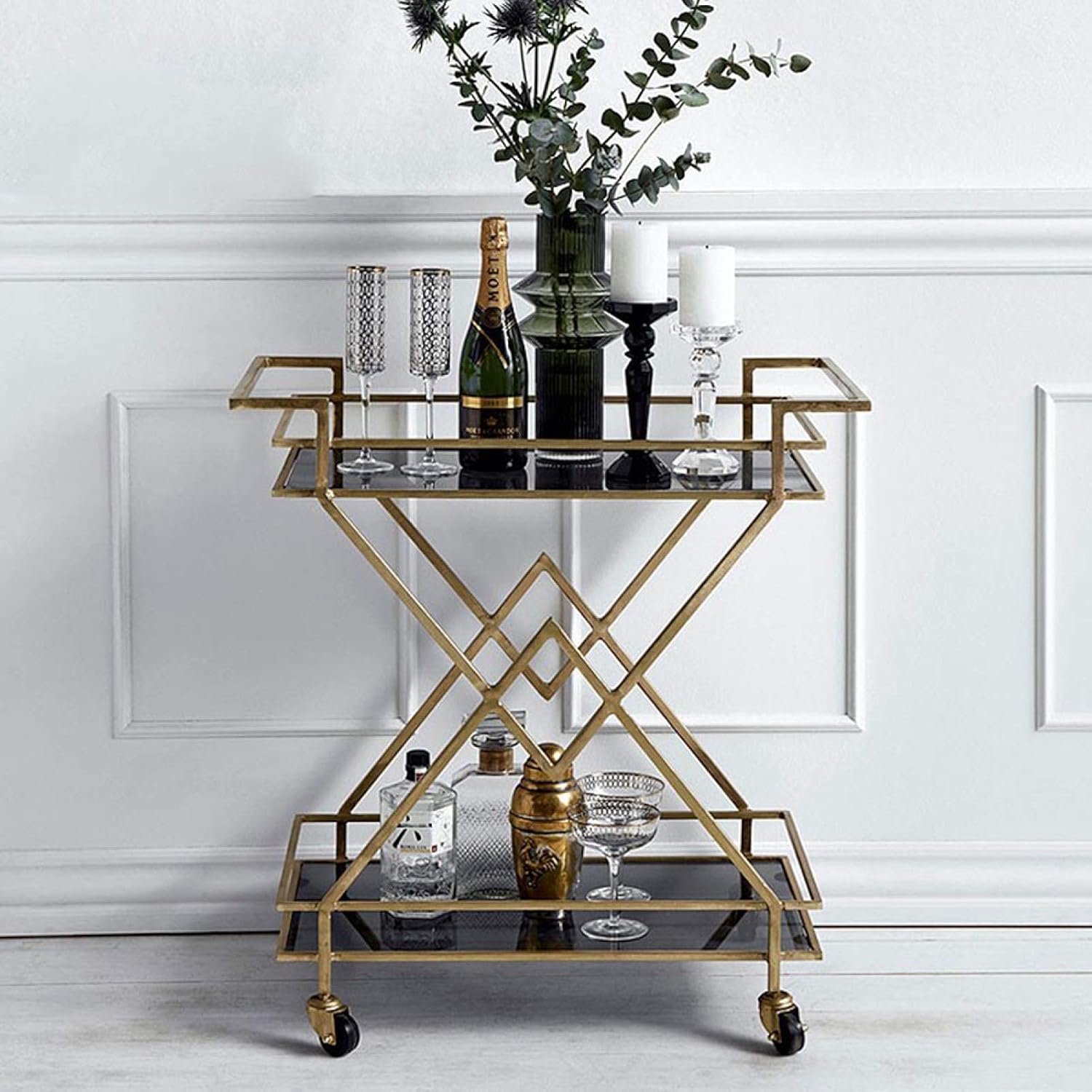 Bar Cart with 2 Mirrored Shelves, Suitable for Kitchen, Living Room