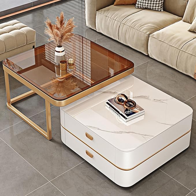 Small Modern Marble Coffee Table Set of 2 for Living Room - Luxury Rectangular Center Table - Indoor Accent Furniture (White)