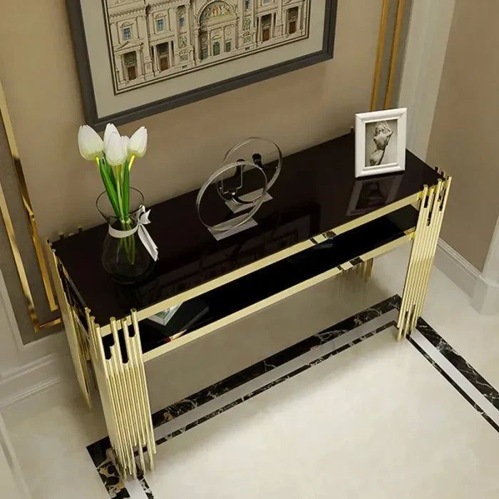 Bicasa Luxury And Modern Golden Console Table With Black Glass Top