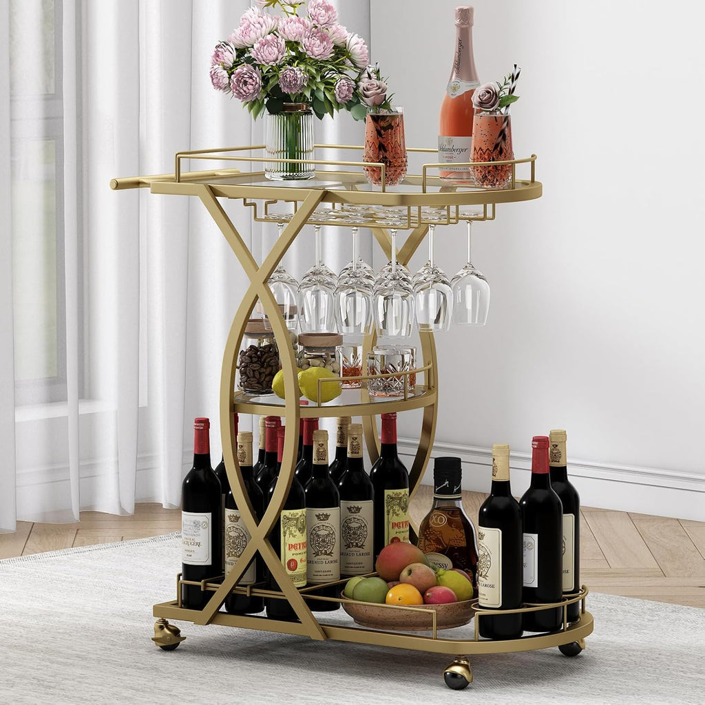 Gold Bar Cart with Wine Rack and Glass Holder, 3-Tier Home Bar
