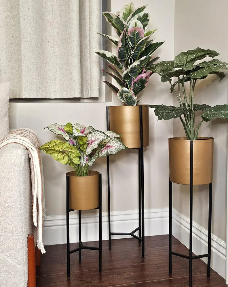 Modern Brushed Gold Indoor Planters with Removable Black Stands, Set of 3