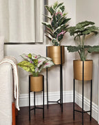 Modern Brushed Gold Indoor Planters with Removable Black Stands, Set of 3