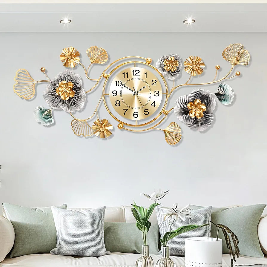 Metal Ginkgo Leaf Design, for Living Room Wall Decor Wall Clocks（38''x15''）