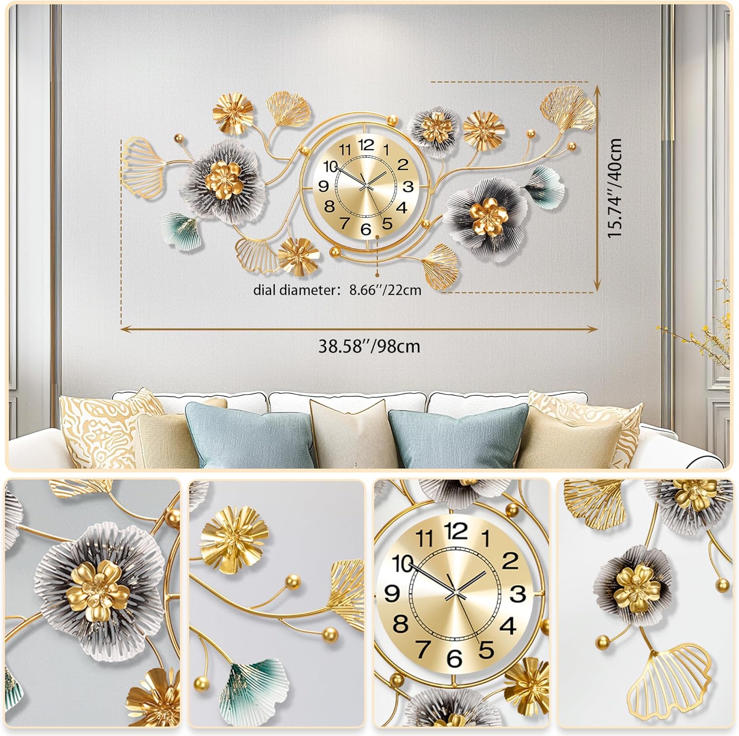 Metal Ginkgo Leaf Design, for Living Room Wall Decor Wall Clocks（38''x15''）