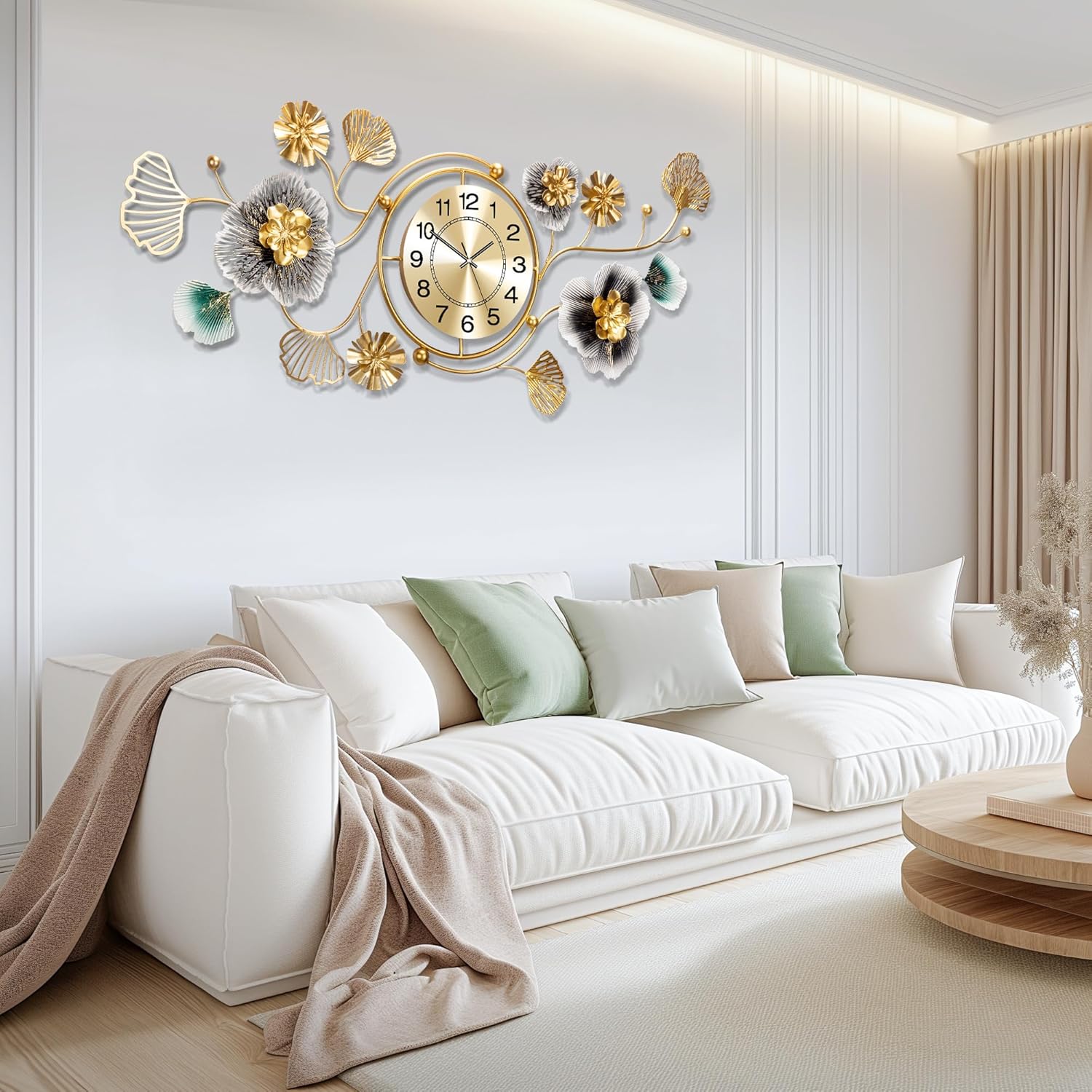 Metal Ginkgo Leaf Design, for Living Room Wall Decor Wall Clocks（38''x15''）