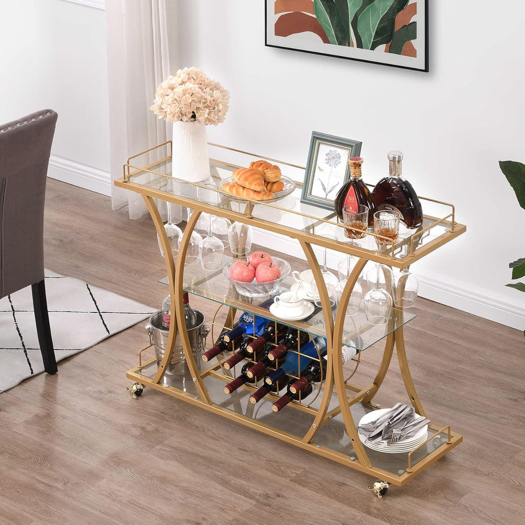 Bar Serving Cart with Glass Holder and Wine Rack, 3-Tier Kitchen Trolley