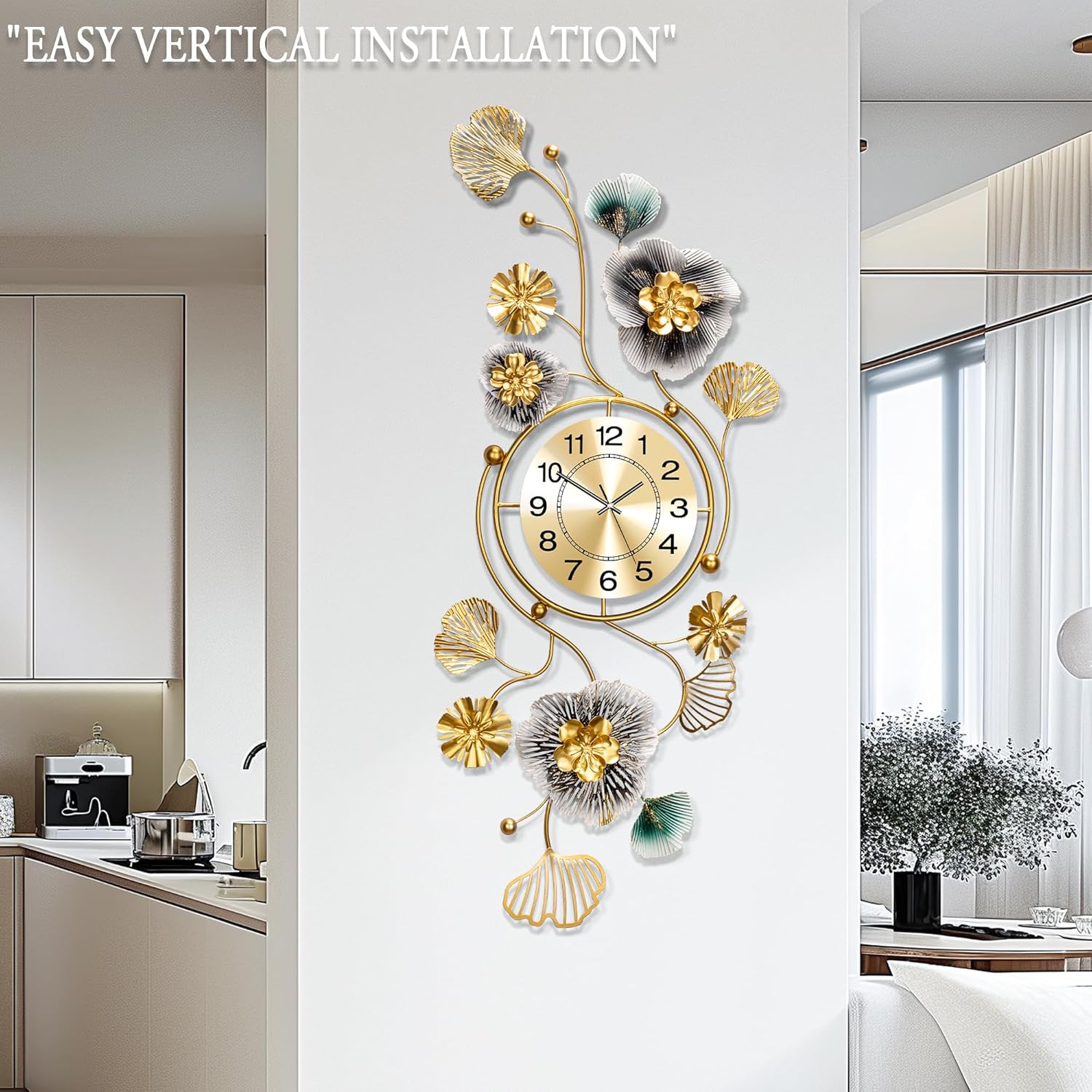 Metal Ginkgo Leaf Design, for Living Room Wall Decor Wall Clocks（38''x15''）