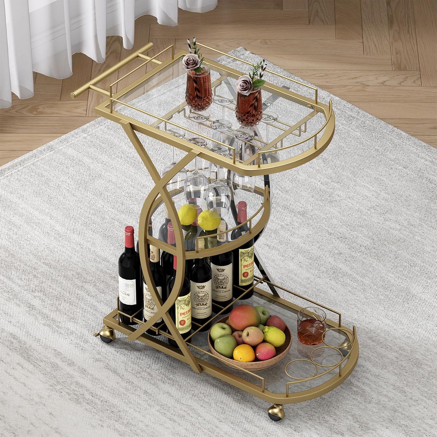 Gold Bar Cart with Wine Rack and Glass Holder, 3-Tier Home Bar