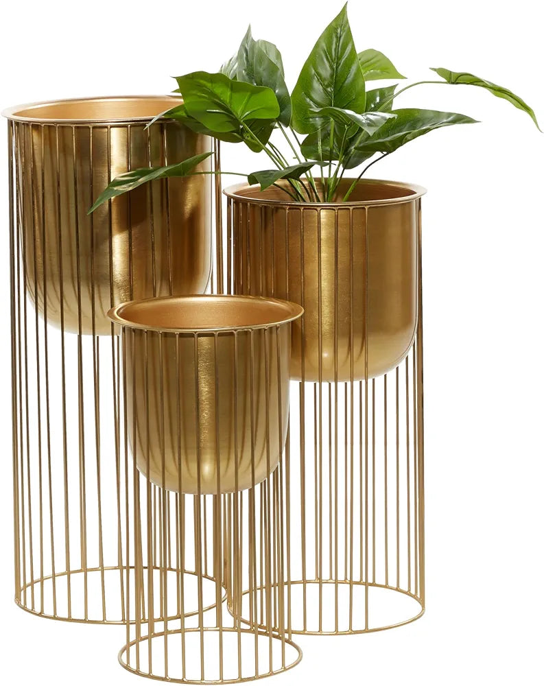 Planter Pot with Elevated Caged Stand, Set of 3 Planters 24", 20", 16"H, Gold
