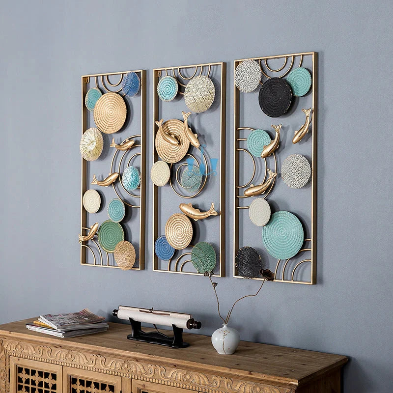 Striking Framed Circles And Fishes 3 Piece Metal Wall Hanging