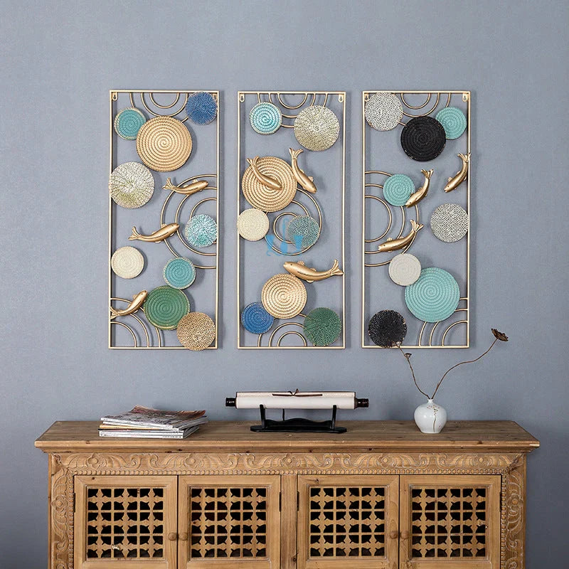 Striking Framed Circles And Fishes 3 Piece Metal Wall Hanging