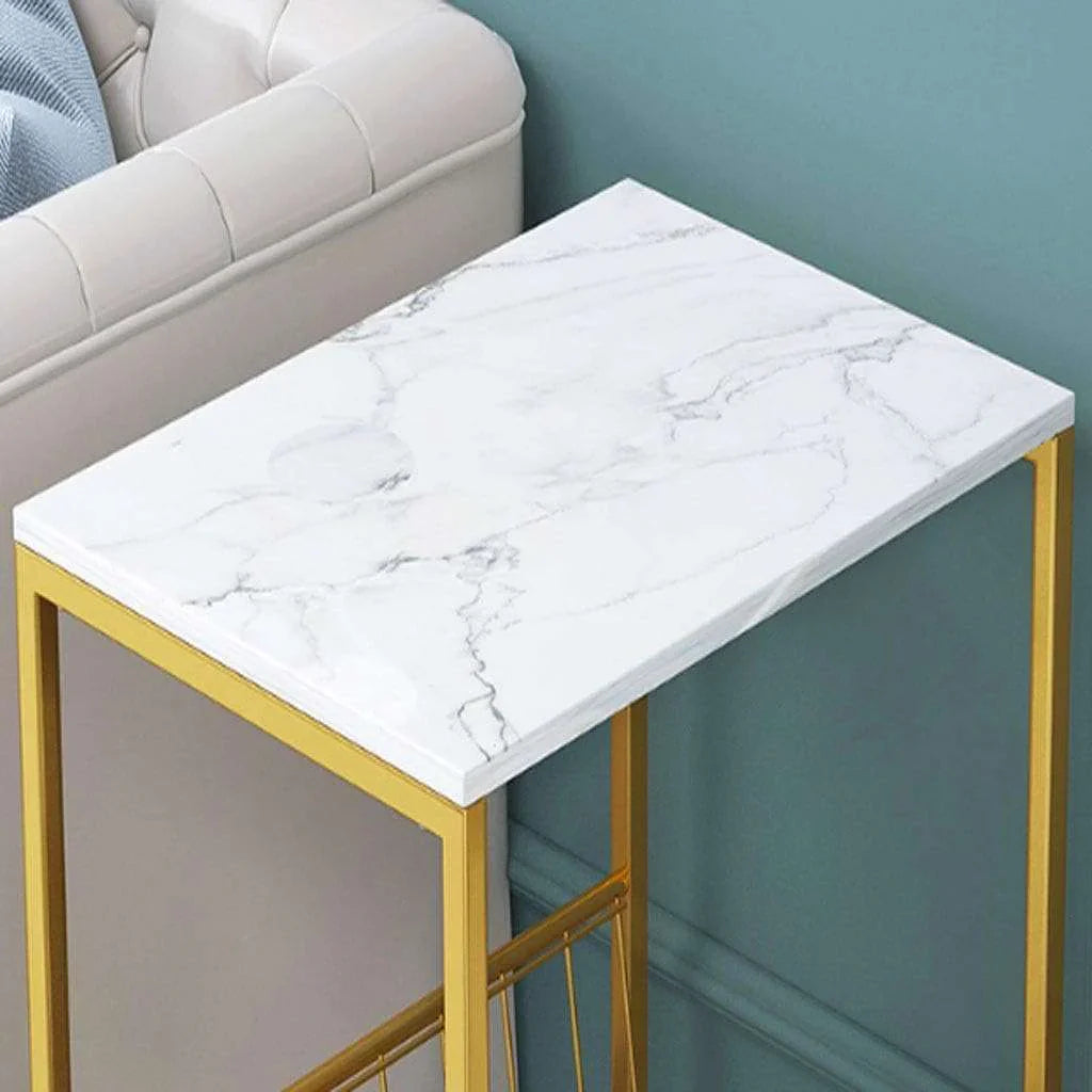 Rectangle Basket Side Table with Marble Top