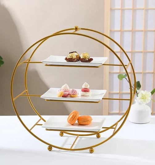 Kiara-Cake Stand | Buffet Server Organiser | 3 Tier Cake stand for dining table cup cake & Dessert Stand with 3 Shelves (Gold and white)