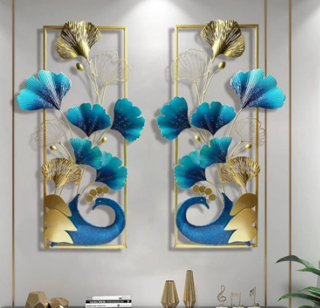 Metal Wall Art Decor 3D Peacock and Ginkgo Leaf Metal Wall Hanging Sculpture Natural Home Art Decorations