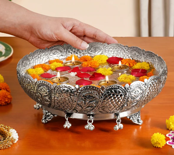 Antique Pure Brass Urli With Silver Polish For Temple 23cm