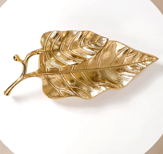 Double Layer Mango Leaf Metal Tray Gold