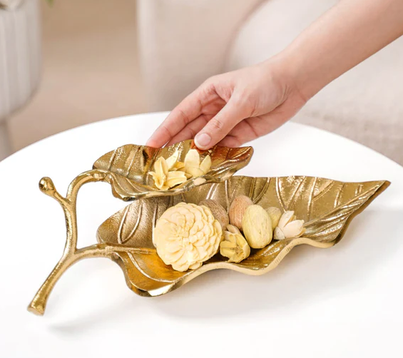 Double Layer Mango Leaf Metal Tray Gold