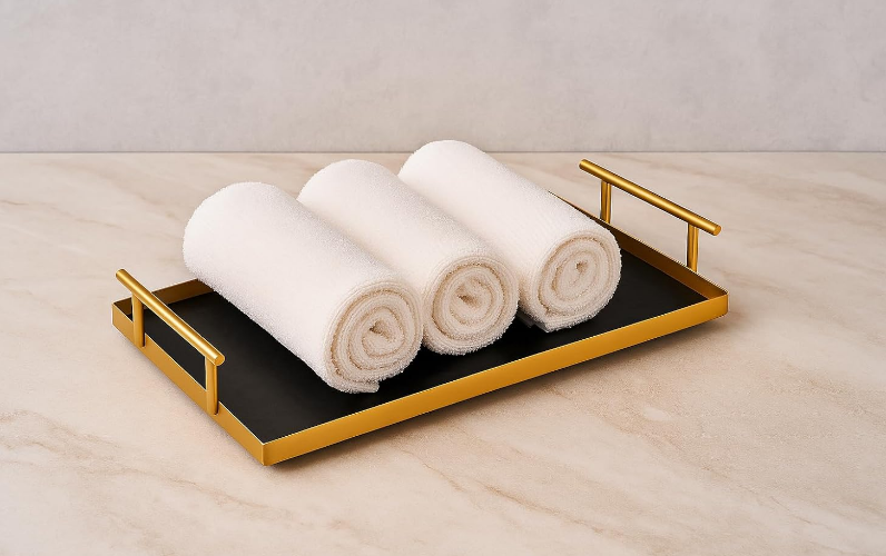 Serving/Decorative Metal Rectangular Tray/Gold & Black Hammered / 14" X 8" Made In India Mfr