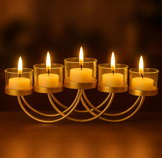 Elegant Gold 5-Candle Holder for Tealights | Metal T-Light Stand for Home, Festive & Wedding Decor | Table Centerpiece Candle Holder