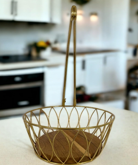Fruit and Vegetable Metal Basket with wooden base and Banana Tree Hanger