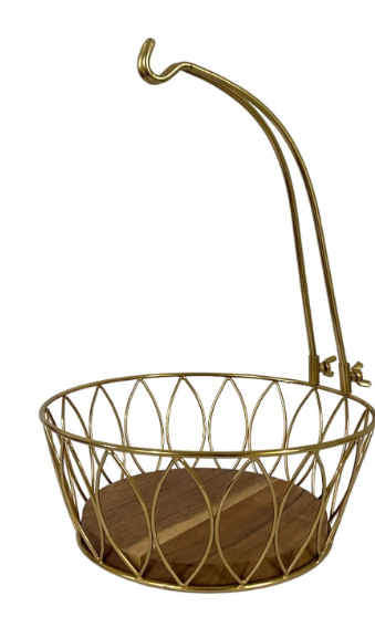 Fruit and Vegetable Metal Basket with wooden base and Banana Tree Hanger