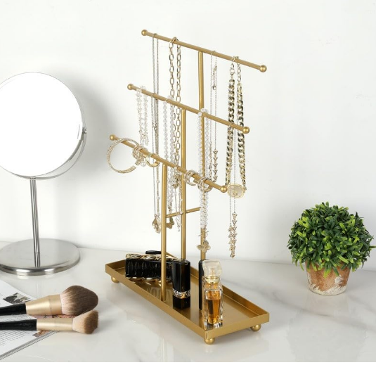 Metal Golden Storage Organiser Ear rings Decorative Jewellery Stand (Gold)