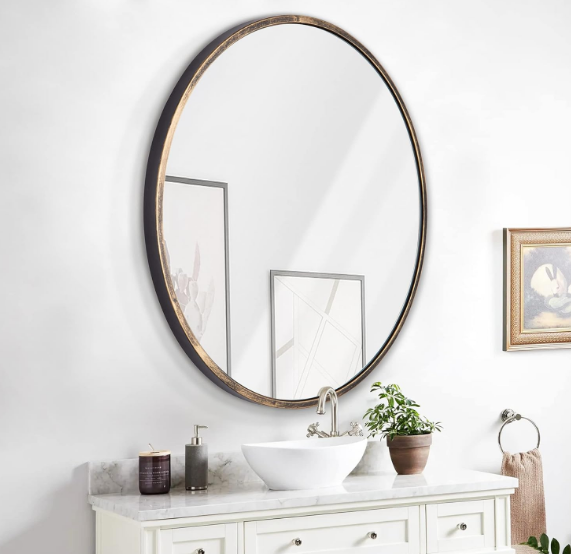 Round Wall Mirror Bronze 16 Inch -Circular Metal Framed Wall Mounted Mirror,